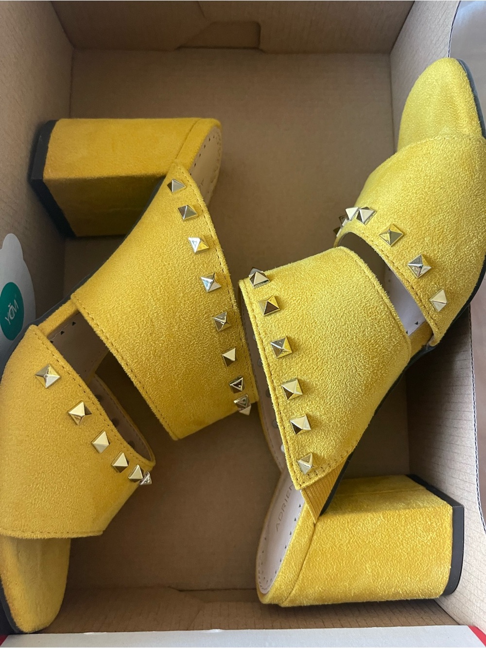 Adrienne Vittadini Yellow Studded Block Heel Mules